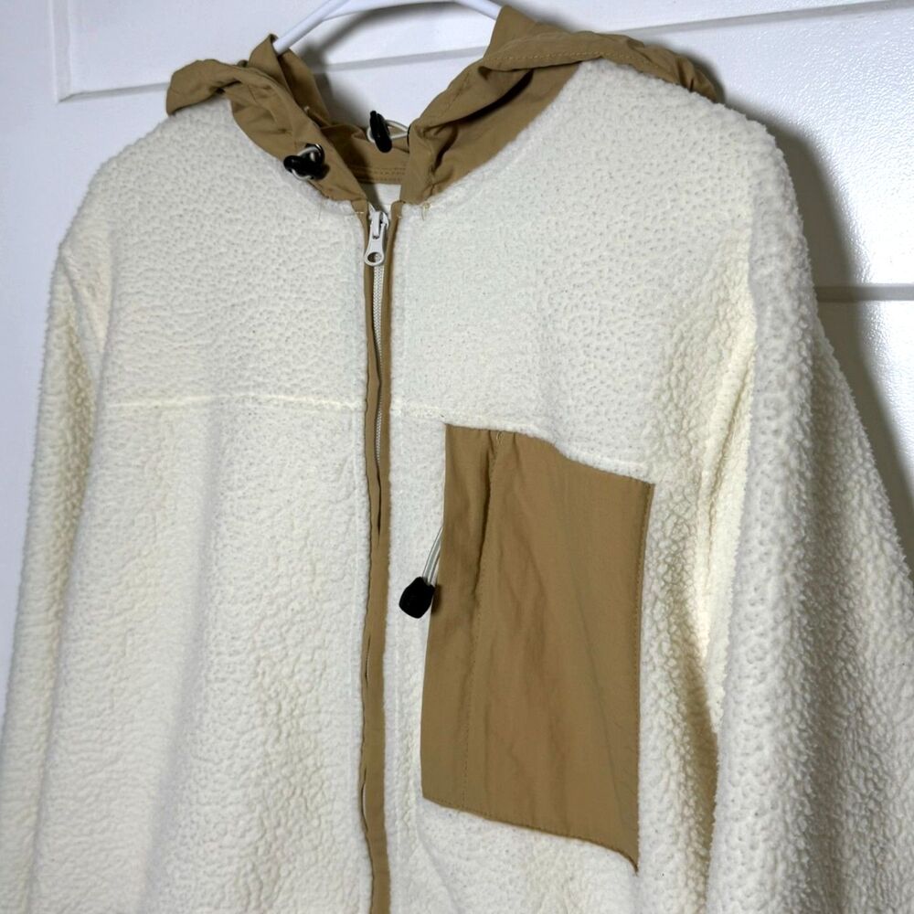 PacSun Sherpa Fleece Hoodie Jacket Men's Medium Cream Khaki Full Zip Winter Cozy